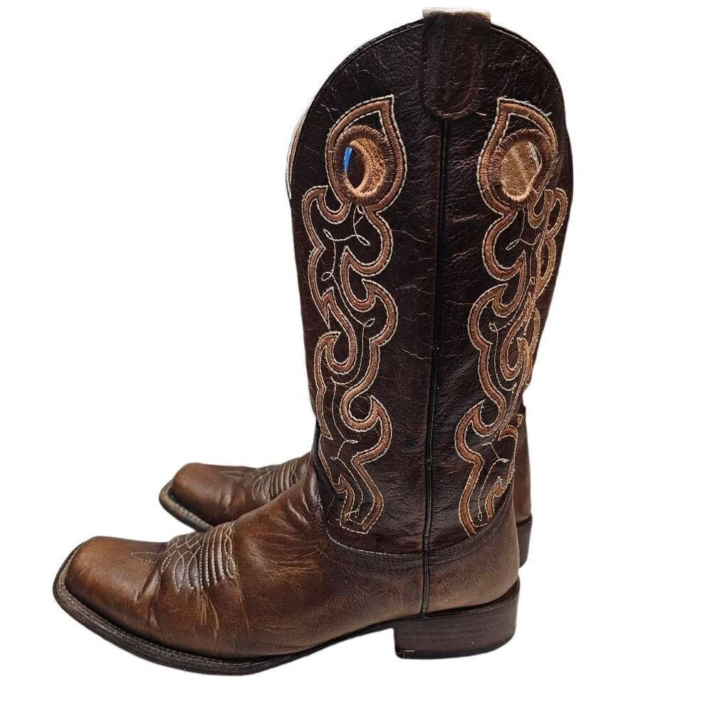 Circle G Womens Cutout Embroidery Cognac Brown Square Toe Boots  Made in Mexico - Picture 5 of 14